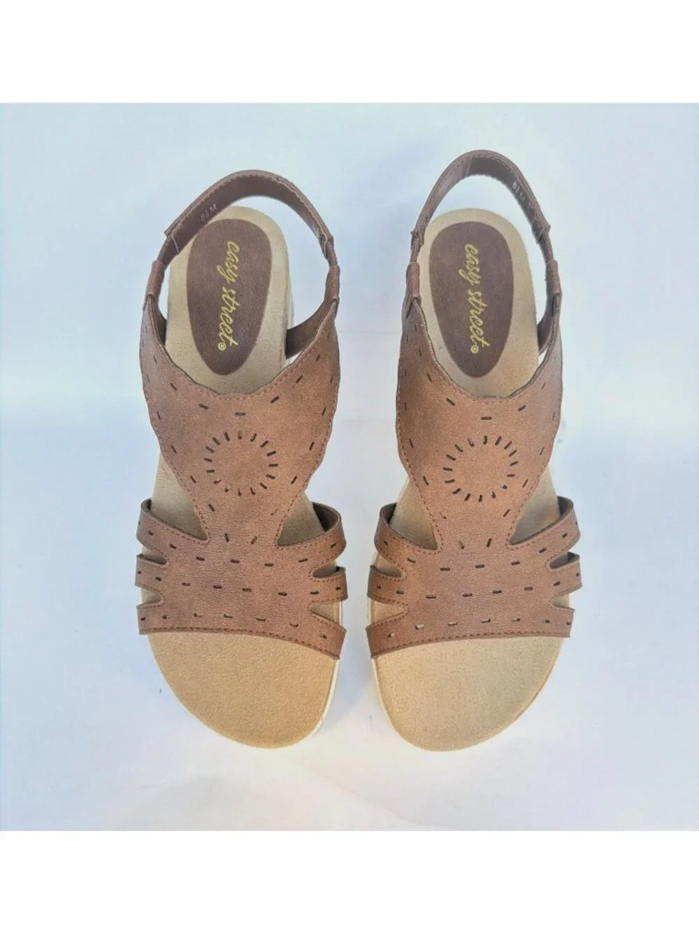 Easy Street Fran Wedge Sandals Tan Brown Pleather Shoes Size 8.5